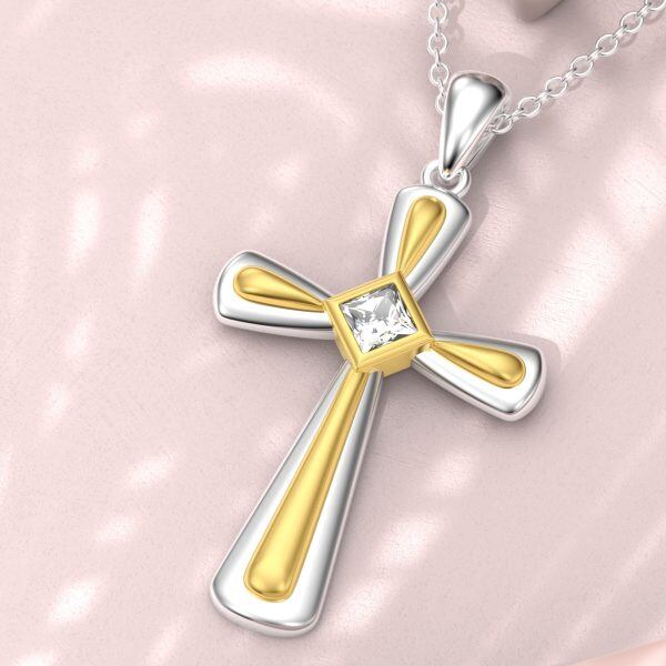 Sterling Silver Faith Cross Pendant Necklace with April Birthstone-4