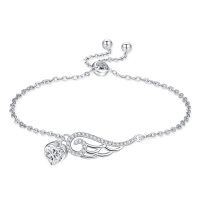 wholesale 925 Sterling Silver Angel Wing & Heart Charm Adjustable Bracelet s for Women- Rhodium Plated