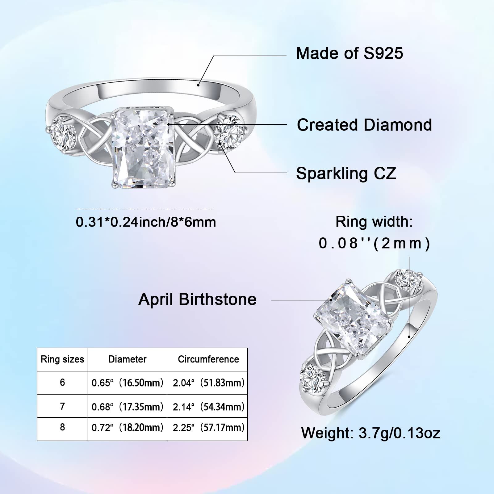 Sterling Silver Celtic Knot Square Crystal Rings with April Birthstone - US # 8-0-1