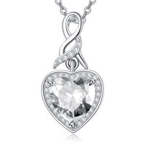 Sterling Silver Cubic Zirconia Heart Pendant Necklace with April Birthstone-0