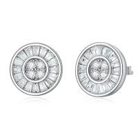 wholesale White Gold Plated 925 Sterling Silver Round CZ Stud Earrings (April Birthstone) - 10 x 10 mm Baguette Cut- Rhodium Plated