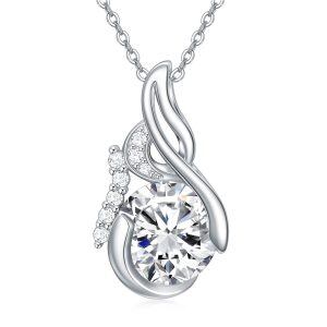 Sterling Silver White Crystal Pendant Necklace with April Birthstone-0