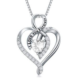 Sterling Silver Love Heart Cubic Zircon Pendant Necklace with April Birthstone-0