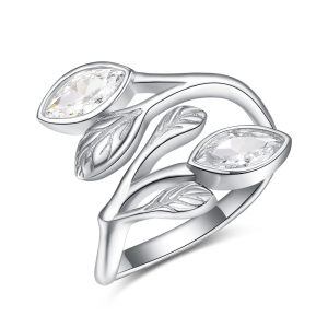 Sterling Silver Leaf April Birthstone Adjustable Rings-0