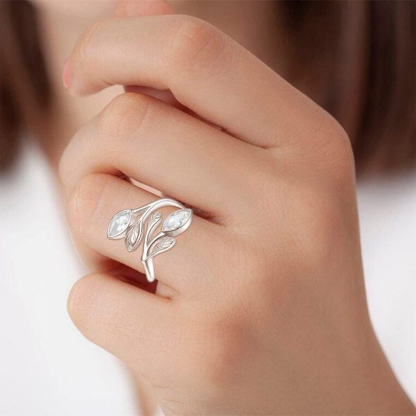 Sterling Silver Leaf April Birthstone Adjustable Rings-3