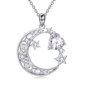 Sterling Silver Celtic Knot Moon Star Pendant Necklace with April Birthstone-0