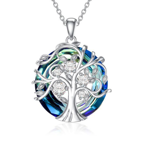 Sterling Silver Tree of Life April Birthstone Pendant Necklace with Crystal Circle-0