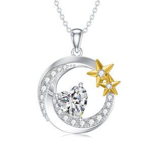 Sterling Silver Moon Stars Pendant Necklace with April Birthstone-0