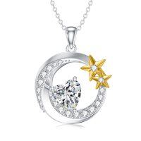 wholesale 925 Sterling Silver Heart-Shaped Cubic Zirconia Pendant with Star and Crescent Moon Design Necklaces for Women- Rhodium And Gold Plated
