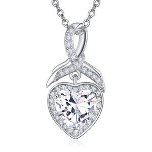 Sterling Silver White Cubic Zirconia Heart Pendant Necklace with April Birthstone-0