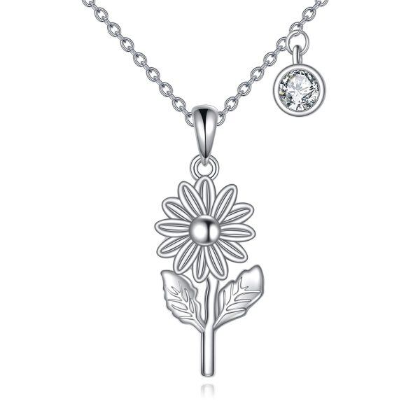 Sterling Silver April Birth Flower Daisy Pendant Necklace-0