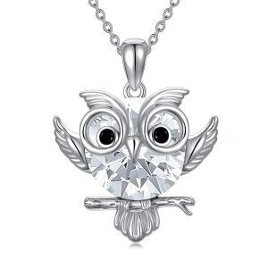 Sterling Silver Owl Pendant Necklace with April Birthstone-0