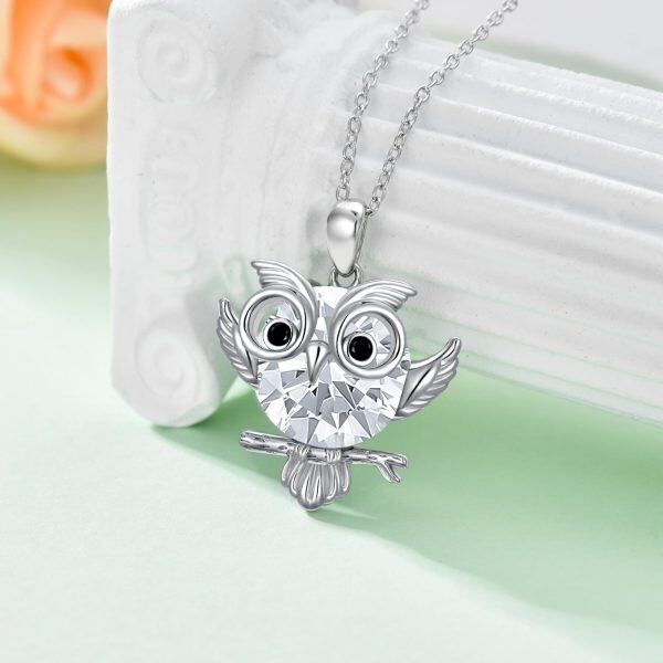 Sterling Silver Owl Pendant Necklace with April Birthstone-4