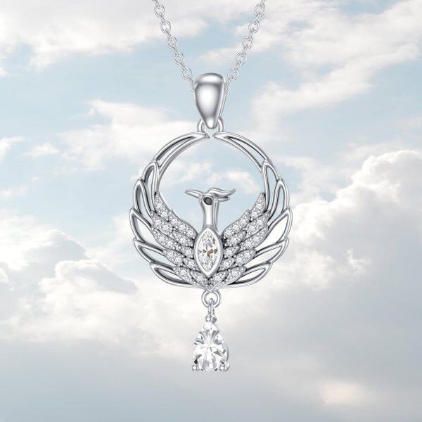 Sterling Silver Phoenix Pendant Necklace with April Birthstone-1