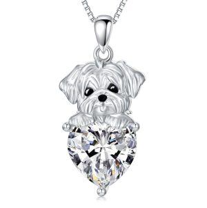 Sterling Silver Dog Pendant Necklace with April Birthstone-0