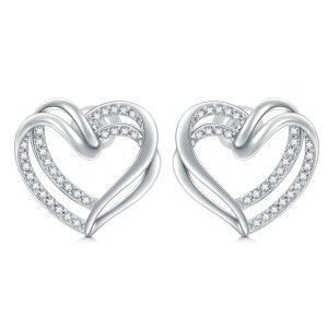 Sterling Silver Double Heart Stud Earrings-0