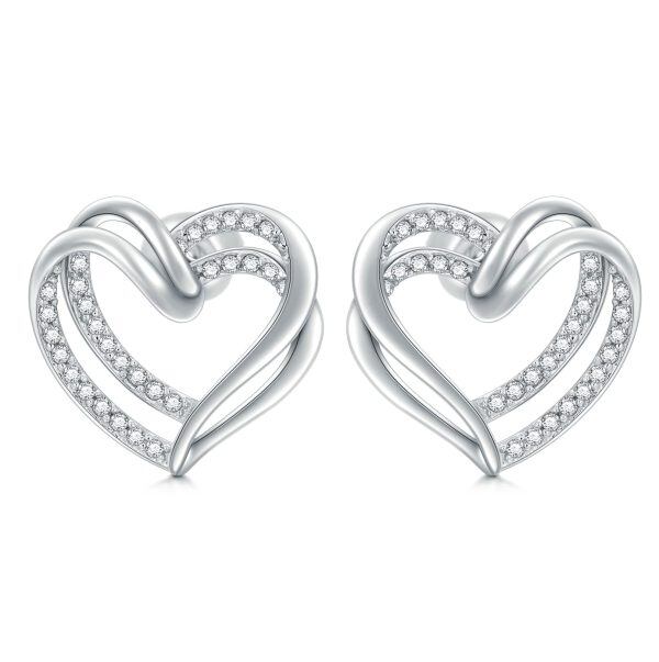 Sterling Silver Double Heart Stud Earrings-0