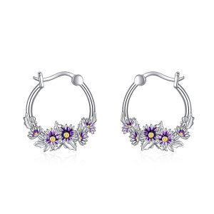 Sterling Silver April Birth Flower Daisy Hoop Earrings-0