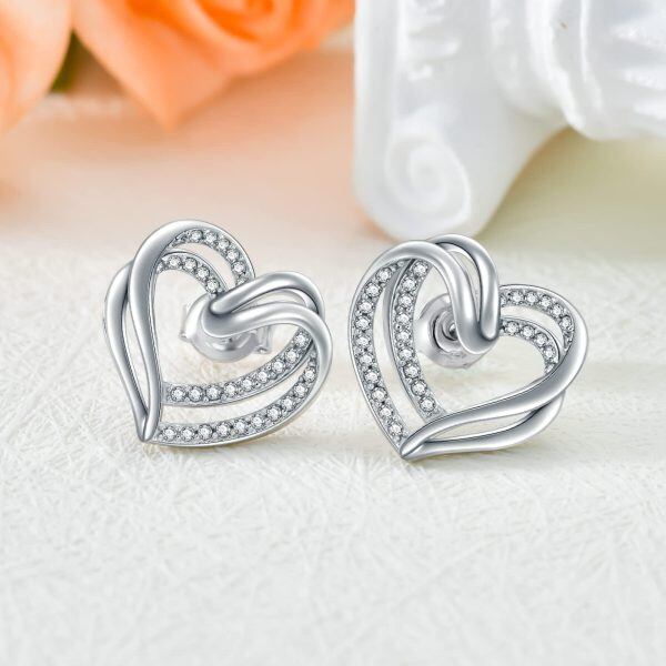 Sterling Silver Double Heart Stud Earrings-3