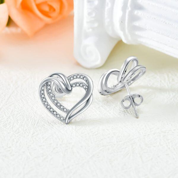 Sterling Silver Double Heart Stud Earrings-4