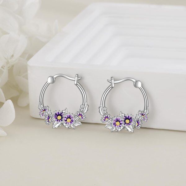 Sterling Silver April Birth Flower Daisy Hoop Earrings-3