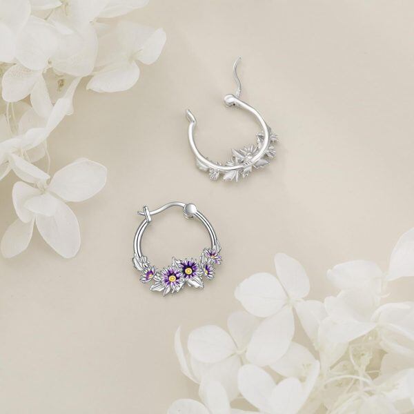 Sterling Silver April Birth Flower Daisy Hoop Earrings-4