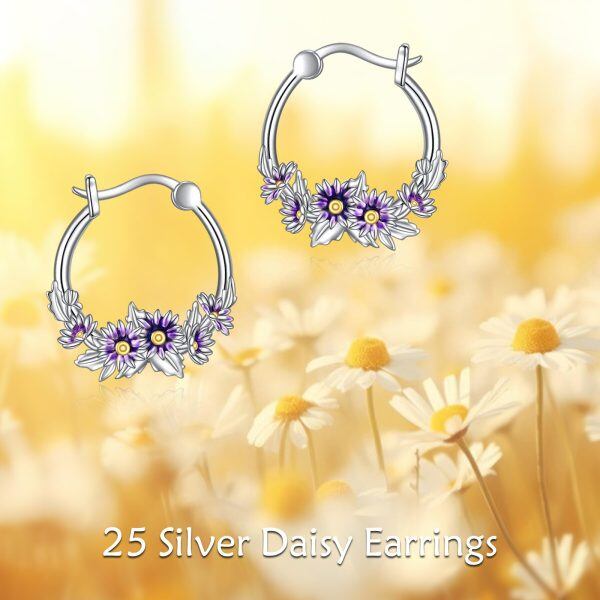 Sterling Silver April Birth Flower Daisy Hoop Earrings-5