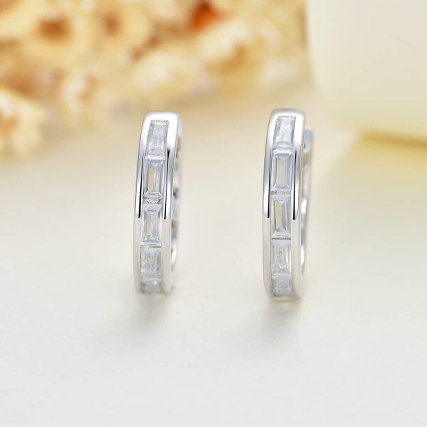 Sterling Silver Square Cut Cubic Zirconia Hoop Earrings-3