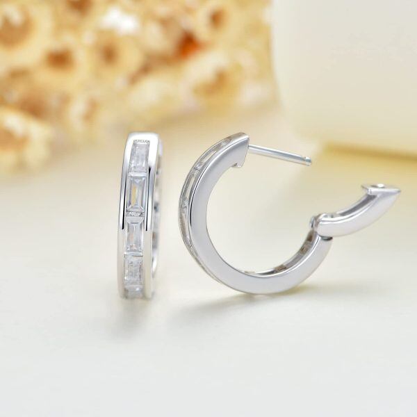 Sterling Silver Square Cut Cubic Zirconia Hoop Earrings-4