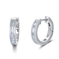 wholesale White Gold Plated 925 Sterling Silver Baguette CZ Emerald Cut 18mm Hoop Huggie Earrings- Rhodium Plated