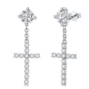 Sterling Silver Moissanite Cross Dangle Earrings-0