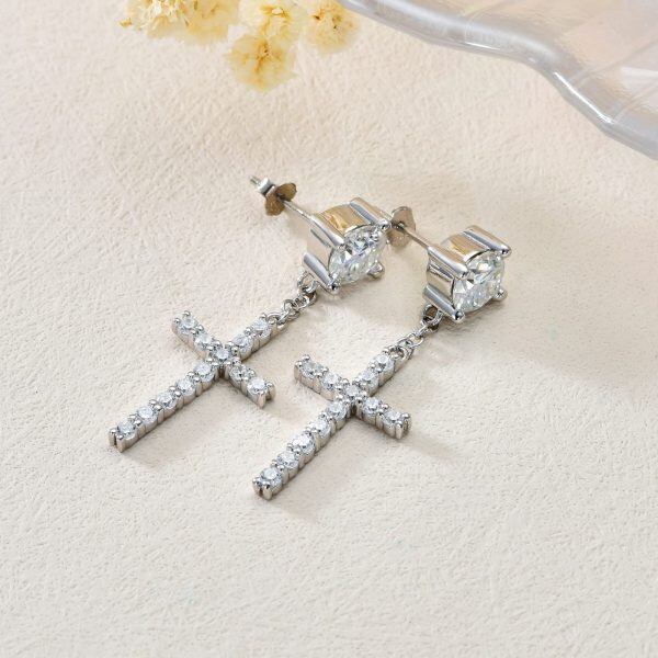 Sterling Silver Moissanite Cross Dangle Earrings-3