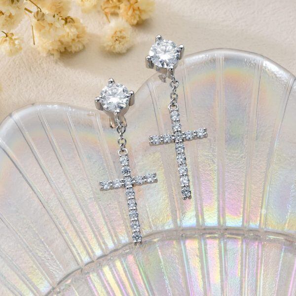 Sterling Silver Moissanite Cross Dangle Earrings-4