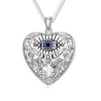 wholesale 925 Sterling Silver Heart-Shaped Blue Moissanite Evil Eye Pendant Necklace for Women- Rhodium Plated