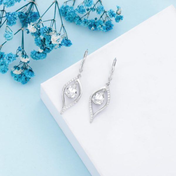 Sterling Silver Shining White Crystal Drop Earrings-3