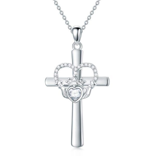 Sterling Silver Irish Claddagh Cross Pendant Necklace with Moissanite-0