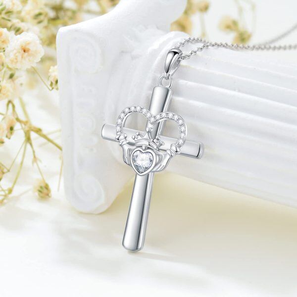 Sterling Silver Irish Claddagh Cross Pendant Necklace with Moissanite-4