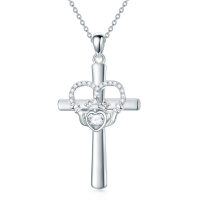 wholesale 925 Sterling Silver Moissanite Claddagh Heart Cross Pendant Necklace for Women Christian  Ideas- Rhodium Plated