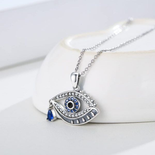 Sterling Silver Evil Eye Luck Protection Pendant Necklace-4