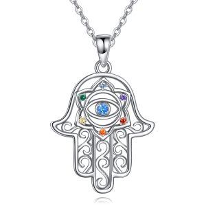 Sterling Silver Hollow Hand of Fatima Evil Eye Pendant Necklace-0