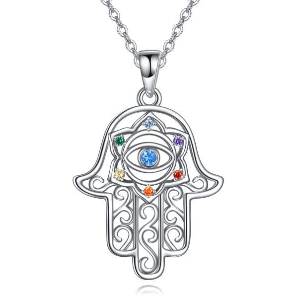 Sterling Silver Hollow Hand of Fatima Evil Eye Pendant Necklace-0