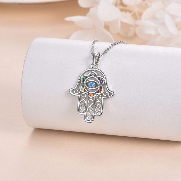 Sterling Silver Hollow Hand of Fatima Evil Eye Pendant Necklace-3