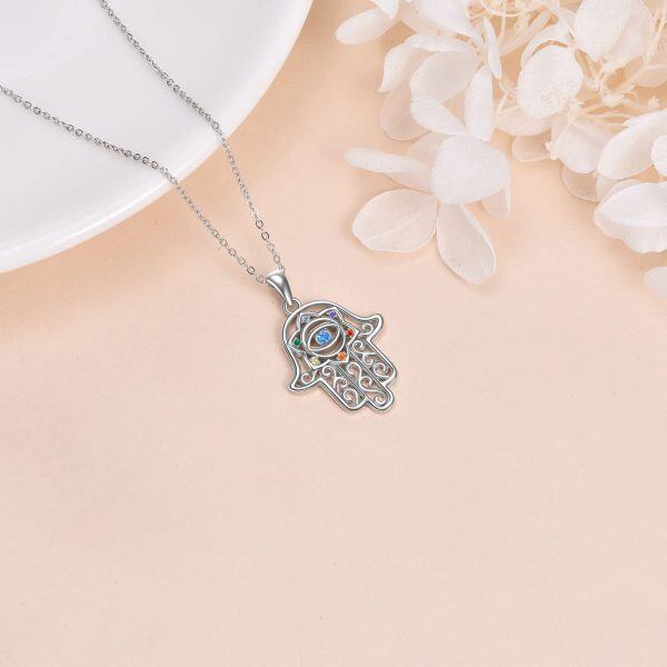 Sterling Silver Hollow Hand of Fatima Evil Eye Pendant Necklace-4