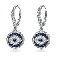 wholesale 925 Sterling Silver Evil Eye Blue Crystal Drop Dangle Leverback Earring Minimalist Jewelry for Women Girls Gift 4cm Length- Rhodium Plated