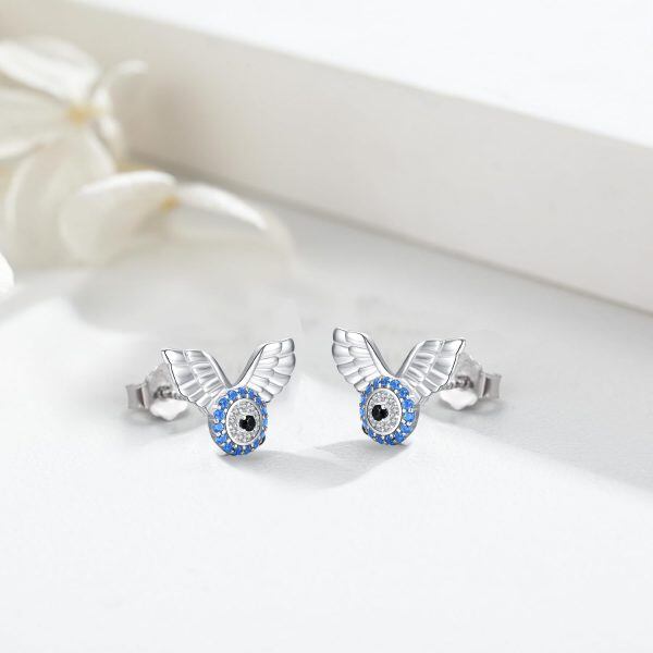 Sterling Silver Evil Eye Angel Wings Stud Earrings-4