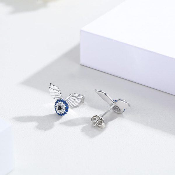 Sterling Silver Evil Eye Angel Wings Stud Earrings-5