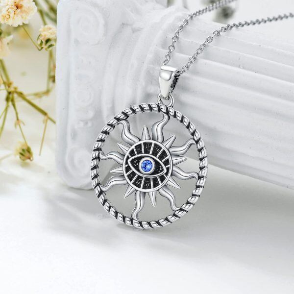 Sterling Silver Sun and Evil Eye Pendant Necklace-3