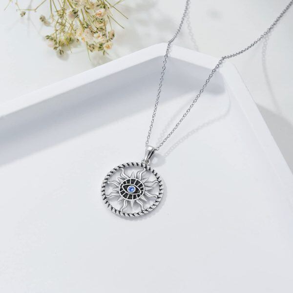 Sterling Silver Sun and Evil Eye Pendant Necklace-4