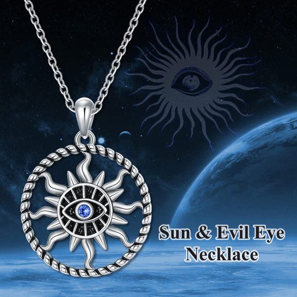 Sterling Silver Sun and Evil Eye Pendant Necklace-5