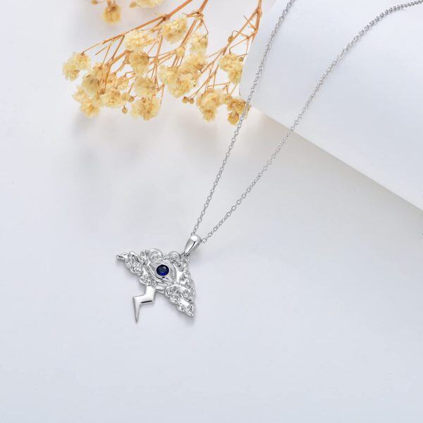 Sterling Silver Lightning Bolt Evil Eye Pendant Necklace-4